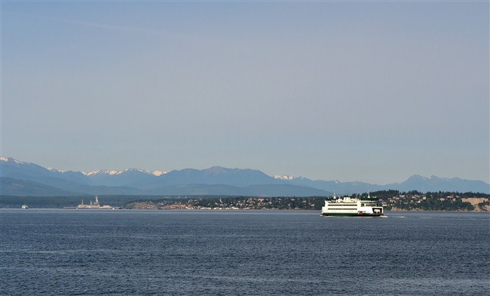 On board the Clipper, looking west as Washington State Ferry heads into Port Townsend, Wa